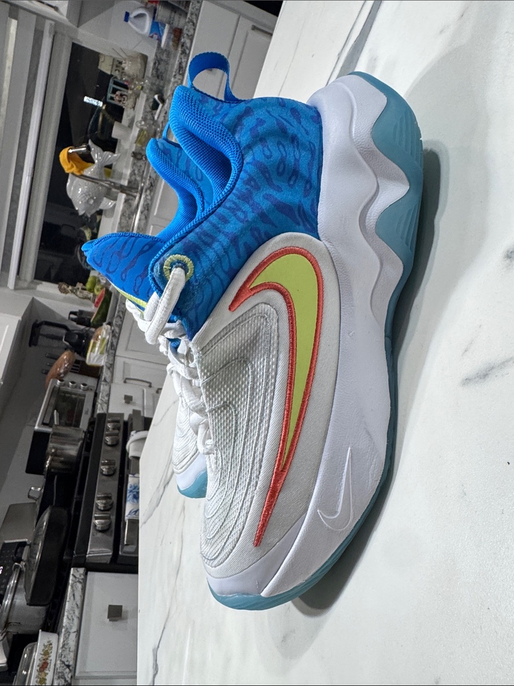 Kids Blue and White Athletic Sneakers with Neon Accent. Nike Giannis Inmortalit